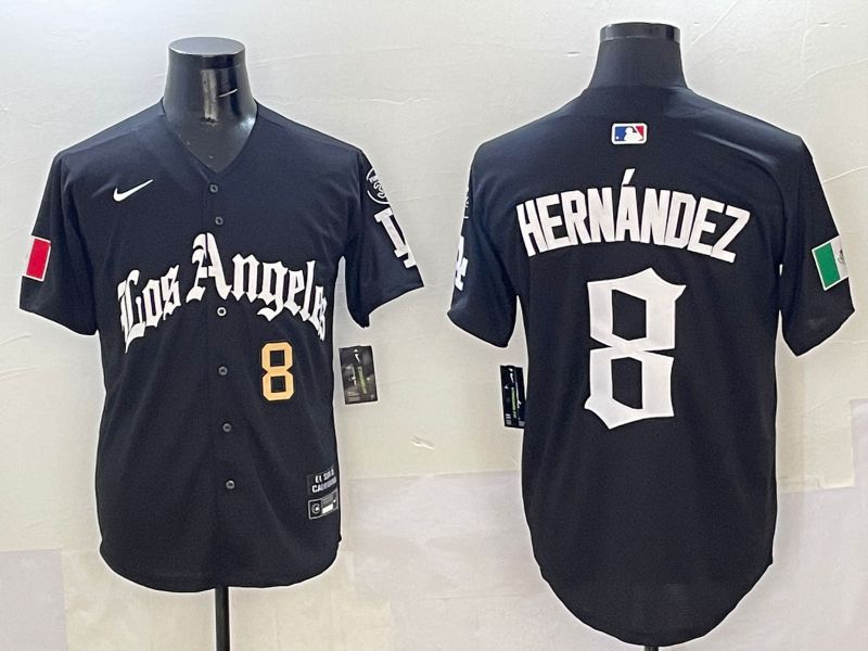 Men Los Angeles Dodgers #8 Hernandez Black Five generations Joint Name 2025 Nike MLB Jersey style 4